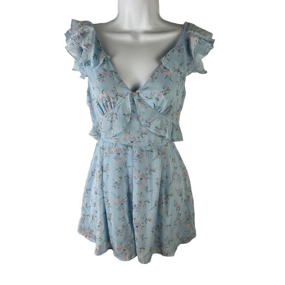Francesca's Collections Pants - Mi Ami for Francesca’s Floral Ruffle Romper Tie Back Blue sz S